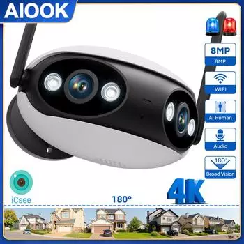 AIOOK 180° сверхширокоугольная беспроводная уличная камера видеонаблюдения HD 8MP камера видеонаблюдения 4K PTZ-камера ICSEE APP