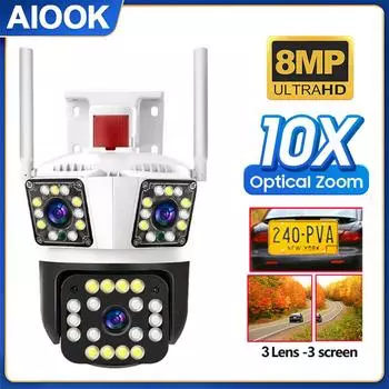 AIOOK 3-объективная беспроводная уличная камера видеонаблюдения 360 градусов PTZ 8-мегапиксельная камера видеонаблюдения WIFI Водонепроницаемая двусторонняя камера слежения за мобильным телефоном Цветной или инфракрасный порт