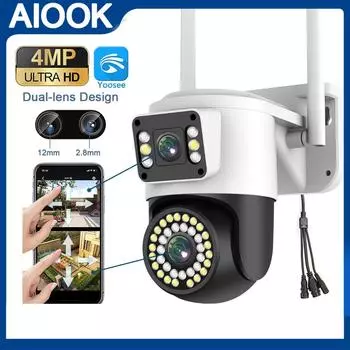 AIOOK, 4 МП, Wi-Fi камера видеонаблюдения Yoosee, уличная беспроводная IP-камера безопасности PZT, цветное ночное видение AI, отслеживание движения, ONVIF