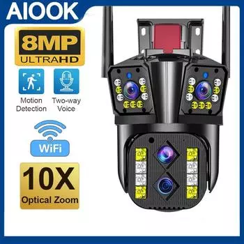 AIOOK 4 объектива, 32 МП, 8K, 10-кратный оптический зум, беспроводная уличная камера видеонаблюдения, Wi-Fi, IP-камера безопасности, полноцветное ночное видение, AI, мобильное отслеживание, двусторонний вызов