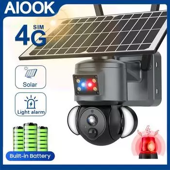 AIOOK 4G SIM WIFI HD 4K Беспроводная WIFI Наружная солнечная камера безопасности 360 CCTV AI Обнаружение сигнализации Двунаправленный вызов Водонепроницаемая полноцветная камера ночного видения