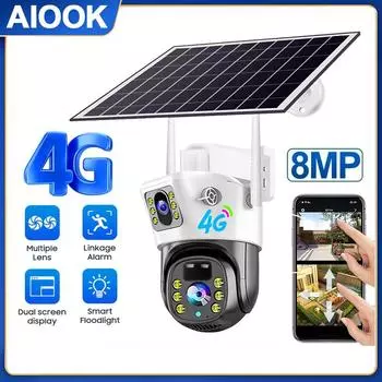 AIOOK 4G Солнечная камера HD 8MP 4K На открытом воздухе Водонепроницаемая Полноцветная камера ночного видения Двусторонняя аудиосвязь PTZ Мобильное обнаружение CCTV