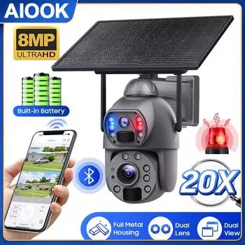 AIOOK 4K 8M Wi-Fi CCTV Солнечная камера 20X Zoom 7X24 Двойной обзор Солнечная батарея PTZ-камера PIR Обнаружение человека Цельнометаллический корпус