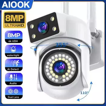 AIOOK 4K двойной объектив PTZ IP CCTV Wi-Fi камера обнаружения человека автоматический экран слежения 24 часа запись видео уличная водонепроницаемая камера видеонаблюдения
