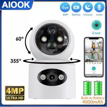 AIOOK 4MP Беспроводная внутренняя Wi-Fi камера для радионяни PIR Камера безопасности для обнаружения человека Встроенный аккумулятор 4000 мАч Камера наблюдения