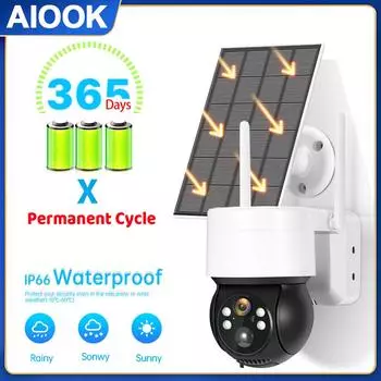 AIOOK 5-мегапиксельная солнечная камера видеонаблюдения для улицы с Wi-Fi PIR для обнаружения человека, беспроводная PTZ-камера, 30-мегапиксельная цветная камера ночного видения, 2-сторонняя аудиосвязь, IP-камера домашней безопасности