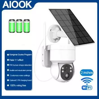 AIOOK 5MP маломощная камера с солнечной панелью и аккумулятором, Wi-Fi, наружный PIR, обнаружение тела, беспроводное IP-наблюдение, ночное видение, ИК-камера видеонаблюдения, безопасность