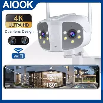 AIOOK 8MP 4K беспроводная уличная камера видеонаблюдения с двумя объективами, широкий угол обзора 180 Wfii, безопасная IP-камера, двунаправленный вызов, цвет ночного видения