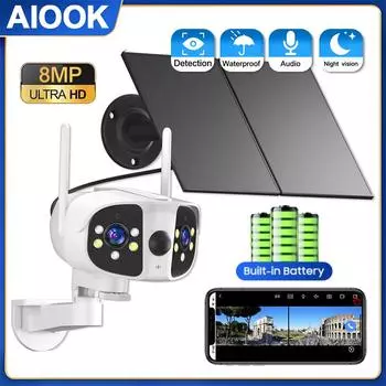 AIOOK 8MP 4K двойной объектив 180 ° широкий угол солнечной камеры видеонаблюдения WIFI CCTV уличная встроенная батарея 12000 MA цвет ночного видения отслеживание движения