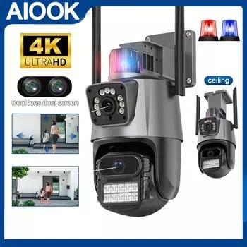 AIOOK 8MP 4K IP-камера Открытый Wi-Fi PTZ Двойной объектив Двойной экран Автоматическое отслеживание Водонепроницаемая система видеонаблюдения Полицейская световая сигнализация CCTV