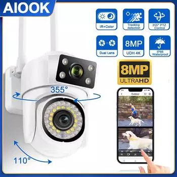 AIOOK Безопасная уличная водонепроницаемая HD 8-мегапиксельная домашняя камера с двумя объективами и Wi-Fi, полноцветная домашняя камера ночного видения, двусторонняя аудиосвязь, PTZ, мобильный мониторинг, видеонаблюдение