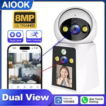 AIOOK Домашняя камера безопасности HD 8MP с двумя объективами WIFI IP-видеонаблюдение с экраном говорящая камера YOOSEE APP Двусторонний домофон Обнаружение движения ночного видения