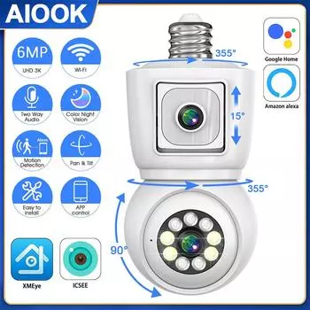 AIOOK домашняя камера безопасности WIFI HD 6MP двойной объектив лампа E27 камера PTZ обнаружение движения умное оповещение напоминание Alexa ICSEE APP