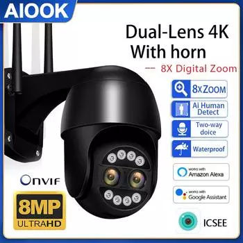 AIOOK Домашняя камера Уличная HD 8MP 4K WiFi CCTV 8x Оптический зум Полноцветное ночное видение Двусторонняя аудиосвязь Приложение ICSEE PTZ Мобильный мониторинг