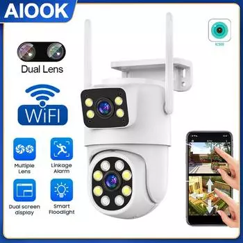 AIOOK Домашняя уличная двойная линза HD 8MP 4K WiFi IP-камера ночного видения Водонепроницаемая система видеонаблюдения Двусторонний домофон AI Обнаружение Удаленный просмотр Камера безопасности ICSEE