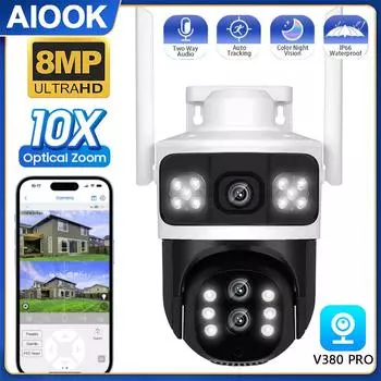 AIOOK Домашняя уличная камера безопасности HD 24MP WiFi CCTV 10-кратный зум PTZ Полноцветное ночное видение Водонепроницаемый двусторонний аудиодомофон PIR Мобильный мониторинг