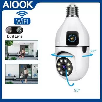 AIOOK E27 камера видеонаблюдения с лампочкой, двойной экран, умная домашняя безопасность, беспроводная Wi-Fi, внутренняя мини-камера, цветное ночное видение