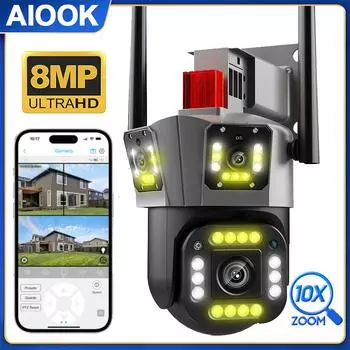 AIOOK HD 24MP 8K 3 объектива 180 ° Широкоугольная уличная IP-камера безопасности Цветная камера ночного видения IP66 Водонепроницаемая Wi-Fi камера видеонаблюдения Домофон Освещение Сигнализация