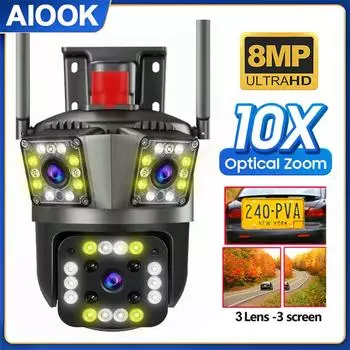 AIOOK HD 8MP 10X зум беспроводная наружная камера видеонаблюдения Wi-Fi, камера безопасности 360 градусов, автоматическое отслеживание, двусторонний вызов, цветное ночное видение, водонепроницаемость