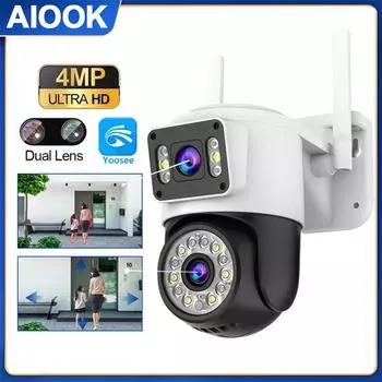 AIOOK HD 8MP 4KWIFI Наружная камера безопасности Полноцветная камера ночного видения с двумя объективами Двусторонняя аудиосвязь YOOSEE CCTV IP66 Водонепроницаемый мобильный мониторинг