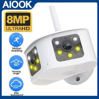 AIOOK HD 8MP двойной объектив 4K 180° широкоугольная камера безопасности ночное видение водонепроницаемая IP-камера мобильный мониторинг двусторонняя аудиосвязь