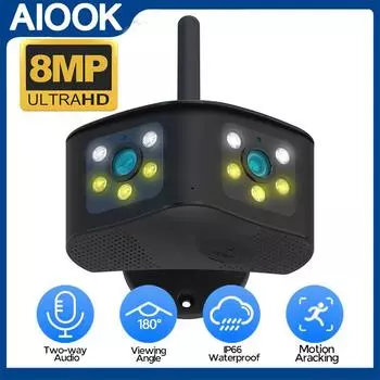 AIOOK HD 8MP двойной объектив 4K 180° широкоугольная камера безопасности ночного видения водонепроницаемая IP-камера мобильного мониторинга двустороннее аудио