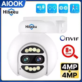AIOOK Hiseeu 4K камера с двумя объективами POE 4MP + 4MP 8MP HD 8X Zoom двустороннее аудио CCTV PTZ безопасность камеры видеонаблюдения ночного видения