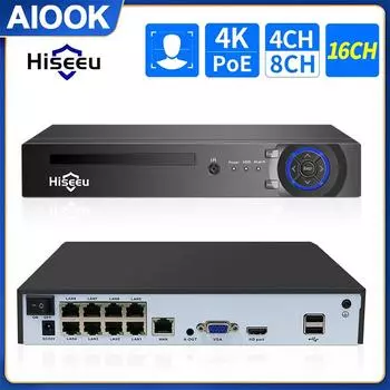 AIOOK Hiseeu H.265 + 4CH 10CH 16CH POE NVR для IP-камеры видеонаблюдения, система видеонаблюдения 5MP 8MP 4K аудио-видеорегистратор с обнаружением лица