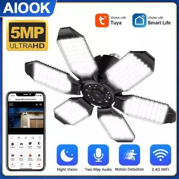 AIOOK Home Security Camera E27 LED Illuminated Lighting HD 5MP Two-Way Intercom Night Vision Garage Camera Smart Alarm WIFI IP CCTV