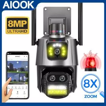 AIOOK ICSEE APP уличная камера безопасности WIFI HD 8MP 8X ZOOM тройной объектив ночного видения водонепроницаемая интеллектуальная подсветка сигнализация напоминание о сотовом телефоне