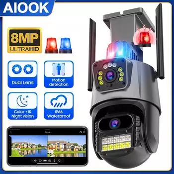 AIOOK ICSEE APP WiFi камера безопасности наружная двойная линза HD 8MP 4K IP CCTV полноцветное ночное видение водонепроницаемый двусторонний аудиодомофон удаленный просмотр