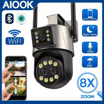 AIOOK ICSEE Камера Беспроводная уличная камера видеонаблюдения 360° Wi-Fi Домашнее беспроводное соединение Мобильный пульт дистанционного управления 8-кратный оптический зум HD 8MP 4K Двусторонний диалог