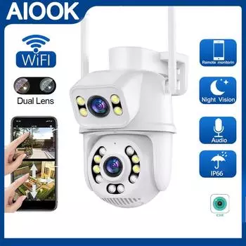 AIOOK Icsee камера видеонаблюдения с двумя объективами, Wi-Fi, беспроводная уличная камера Ptz, вращение на 360 градусов, 5x зум, цвет, ночное видение, Autom