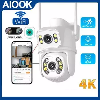 AIOOK Icsee Камера видеонаблюдения Wi-Fi 4K 8Mp Беспроводное наружное наблюдение Двойной объектив Multi View Обнаружение человека Инфракрасное ночное видение Поддержка Onvif