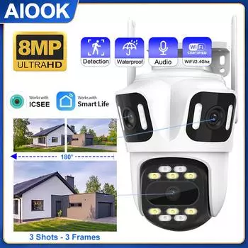 AIOOK ICSEE Wi-Fi камера безопасности HD 8MP 4K 180° широкоугольная полноцветная камера ночного видения IP66 водонепроницаемая двусторонняя аудиодомофонная видеокамера видеонаблюдения PTZ