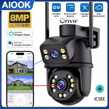 AIOOK ICSEE Wi-Fi камера уличная водонепроницаемая двойная линза HD 8MP 4K 5X ZOOM CCTV двусторонняя аудиосвязь цветная система ночного видения NVR ONVIF интеллектуальная сигнализация