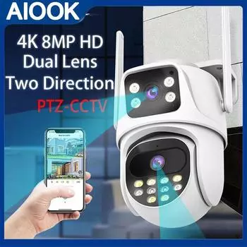 AIOOK Камера видеонаблюдения с двумя объективами HD 8MP 4K CCTV Беспроводная уличная IP-камера Wi-Fi Камера безопасности Цветная камера ночного видения с автоматическим отслеживанием Открытая PTZ-камера