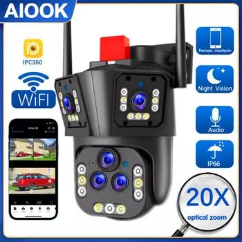 AIOOK Наружная HD 20MP 3-экранная камера с 20-кратным зумом Wi-Fi Полноцветная водонепроницаемая камера ночного видения PTZ CCTV Двусторонний домофон AI Мобильный мониторинг