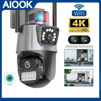 AIOOK наружная HD 8MP 4K двойной объектив связанная Wi-Fi камера безопасности ночного видения IP66 водонепроницаемая IP-камера видеонаблюдения обнаружение движения световая сигнализация
