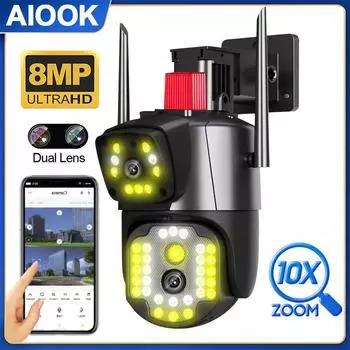 AIOOK наружная HD 8MP 4K двойной объектив Wi-Fi камера видеонаблюдения цветная камера ночного видения IP66 водонепроницаемая IP-камера безопасности освещение сигнализация домофон IP66 водонепроницаемый