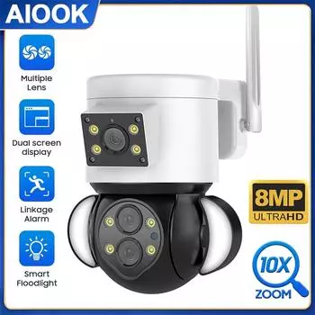 AIOOK Наружная камера безопасности с 10-кратным оптическим зумом HD 24MP 8K WiFi IP CCTV Полноцветное ночное видение IP65 Водонепроницаемый солнцезащитный удаленный мониторинг