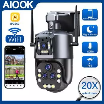 AIOOK наружная камера безопасности Wi-Fi HD 8MP двойное изображение 20X оптический зум ночного видения водонепроницаемая двусторонняя связь умные оповещения