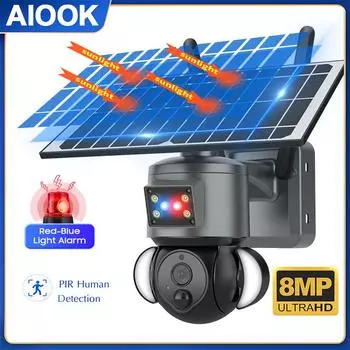 AIOOK Наружная солнечная WIFI камера видеонаблюдения HD 8MP полноцветная камера ночного видения для внутренней связи умная камера безопасности PTZ IP66 водонепроницаемая IP-веб-камера с удаленным просмотром