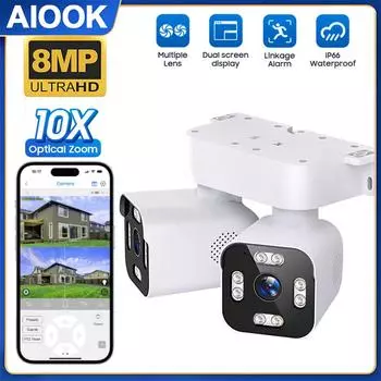 AIOOK Наружная Водонепроницаемая Двойная PTZ-камера WIFI HD с двумя объективами 8MP 4K Двойная линза Камера ночного видения 10-кратный зум Настенная камера без слепой зоны Двусторонний домофон