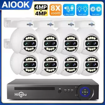AIOOK Наружная Водонепроницаемая Камера Безопасности HD 4K Двойной Объектив 8-кратный Оптический Зум NVR IP POE Камера Полноцветное Ночное Видение Двусторонняя Аудио Домофон onvif