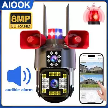AIOOK Наружная Wi-Fi камера наблюдения HD 8MP с двумя объективами, динамик, сигнализация, IP-сигнализация, IP66, водонепроницаемая, цветная, ночного видения, двусторонняя камера безопасности