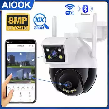 AIOOK наружная Wi-Fi камера видеонаблюдения HD 8MP 4K 10X Zoom ночного видения 2-сторонняя диалоговая камера безопасности водонепроницаемая солнцезащитная камера с дистанционным просмотром