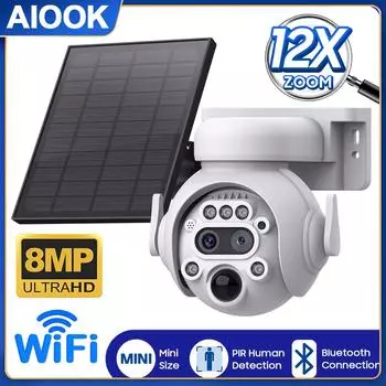 AIOOK Солнечная камера безопасности HD 8MP 4K 12X Zoom WIFI 4G На открытом воздухе Водонепроницаемая полноцветная камера ночного видения Двусторонняя аудиосвязь Домофон Обнаружение движения IP CCTV