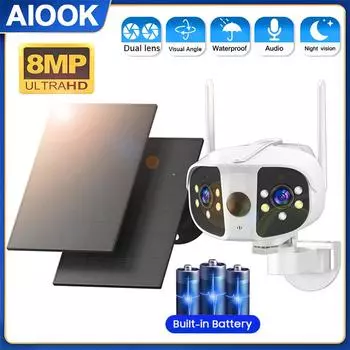 AIOOK Солнечная уличная камера видеонаблюдения HD 8MP 180°WiFi Камера видеонаблюдения 12000 мАч Полноцветная водонепроницаемая камера ночного видения с длительным сроком службы и двусторонней связью