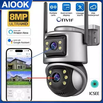 AIOOK Уличная домашняя камера безопасности HD 8MP 4K Двойной объектив 360 ° Диапазон наблюдения Ночное видение Водонепроницаемая WIFI CCTV NVR Камера ONVIF Двусторонний вызов